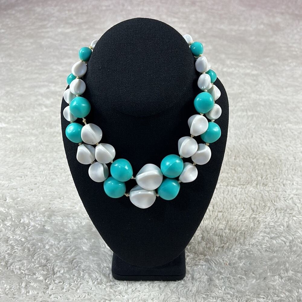 Aqua and white double strand mid century lucite chunky‎ beaded necklace